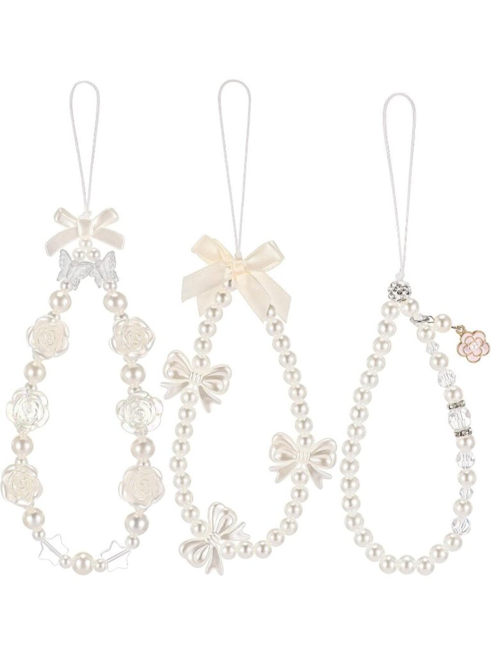 3 Pcs White Phone Charms Pearl Flower Bow Beaded Wrist Strap Y2K Accessory